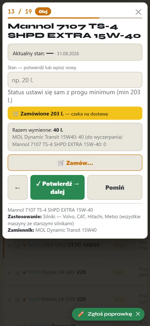 Ekran kontroli stanu olejów w TonMiro Systems na telefonie: aktualny stan, potwierdzenie lub nowa ilość, informacja o złożonym zamówieniu
